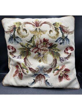 Vintage Needlework Pillow Floral 16" x 16" Romantic Floral Velvet Back